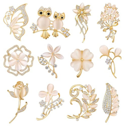 12 Pcs Women Brooches Bulk Vintage Rhinestone Pin Set - style: Cats Eye