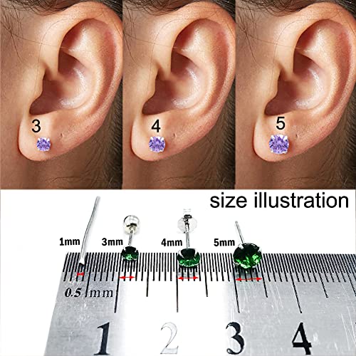 3 Pairs Color Zirconia Earrings Studs, Sterling Silver Studs Earrings Set 3MM 4MM 5MM - color: Purple