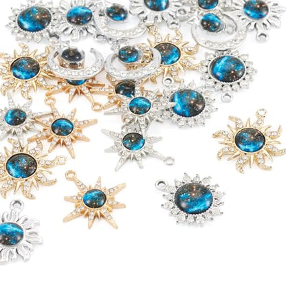 24Pcs Alloy Rhinestone Charms for Jewelry Making, Cute Moon Sun Star Alloy Charm Celestial Blue Rhinestone Dangle Pendants for DIY Necklace Bracelet Earring Jewelry Making Crafts - color: Blue