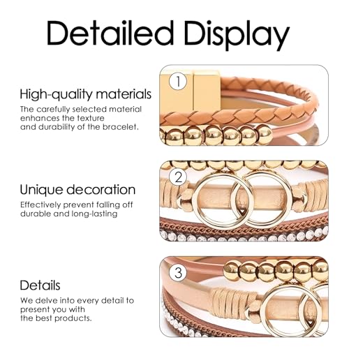 Leather Wrap Bracelets for Women, Boho Leopard Multi-Layer Crystal Beads Cuff Jewelry - color: J-Warp-007