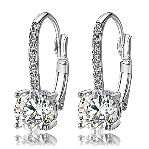 Ladies 1 Carat Diamond Pendant Earrings 18K Gold Plated Cubic Zirconia Hanging Lever Bridal Earrings Girls and Women's Fashion Jewelry - color: silver
