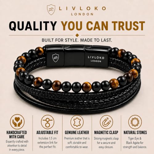 LONDON Mens Bracelet Leather Black Multi-Layer Stone Beads Adjustable Steel Clasp Viking Rope Bands Surfer Man Wristband Male UK Jewellery Gift box Boyfriend Dad Son Brother Tiger Eye - color: A. 19-22cm Black Leather Tiger-Eye Adjustable, size: Medium to