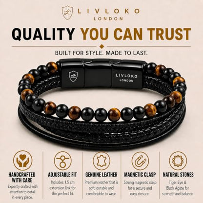 LONDON Mens Bracelet Leather Black Multi-Layer Stone Beads Adjustable Steel Clasp Viking Rope Bands Surfer Man Wristband Male UK Jewellery Gift box Boyfriend Dad Son Brother Tiger Eye - color: A. 19-22cm Black Leather Tiger-Eye Adjustable, size: Medium to
