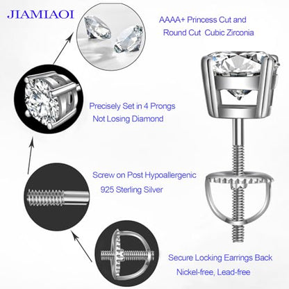 Jiamiaoi Stud Earrings Screw Back Sterling Silver Cubic Zirconia Stud Earrings Set 4 Millimeters-8 Millimeters Nickle Free Hypoallergenic Earring Studs - color: A-Round Cut White, size: 5mm