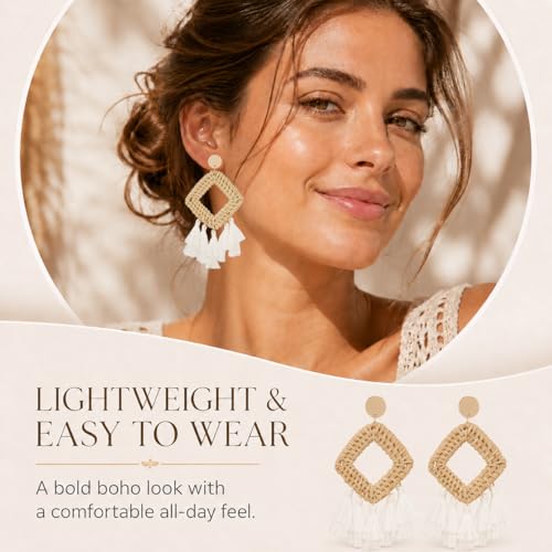 Handmade Raffia Rattan Bohemian Dangle Earrings for Women, Woven Rattan Round Drop Dangle Earrings Beach Jewelry - color: Tassel