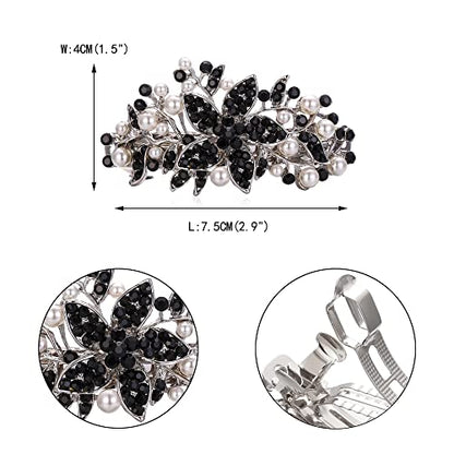 EVER FAITH Austrian Crystal Bridal Hibiscus Flower Leaf Cream Simulated Pearl Hair Clip Barrette Black Silver-Tone - color: Black Silver-Tone