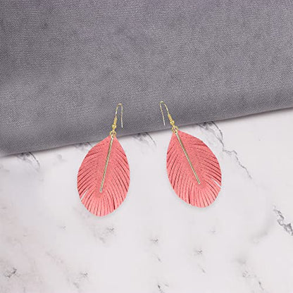 YUNXI Large Genuine Soft Leather Handmade Fringe Feather Lightweight Leaf with Simple Drop Metal Bar Tear Drop Dangle Color Earrings for Women - color: Watermelon Red