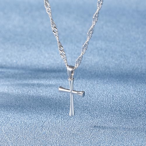 Small Cross Pendant Necklace for Women, 18" + 2" Wave Chain Stainless Steel - color: Silver
