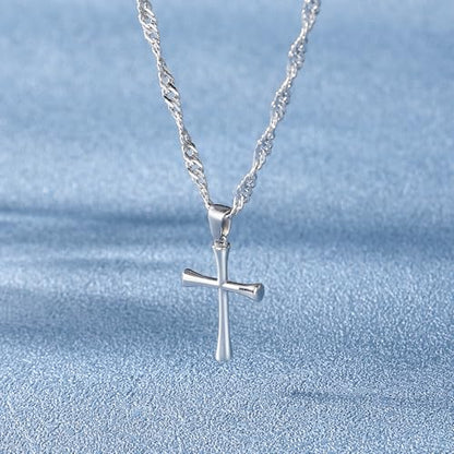 Small Cross Pendant Necklace for Women, 18" + 2" Wave Chain Stainless Steel - color: Silver