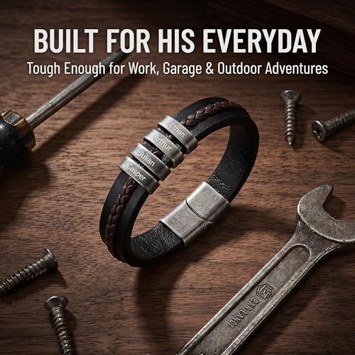 Personalized Bracelet for Men, Engraved Name Bead Braided Leather Bracelet for Dad Husband Grandpa Son, Custom Stainless Steel Men's Bracelet - color: 4 names