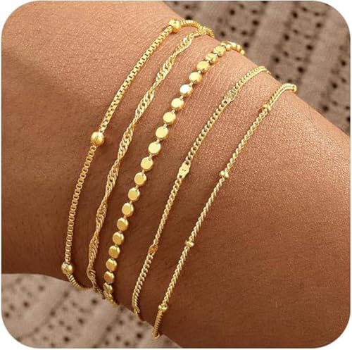 Gold Bracelets for Women, 14K Gold Plated Stackable Bracelet Set, Adjustable Charm Layered Jewelry Paperclip Chain Cuban Link Waterproof Bracelets Gifts