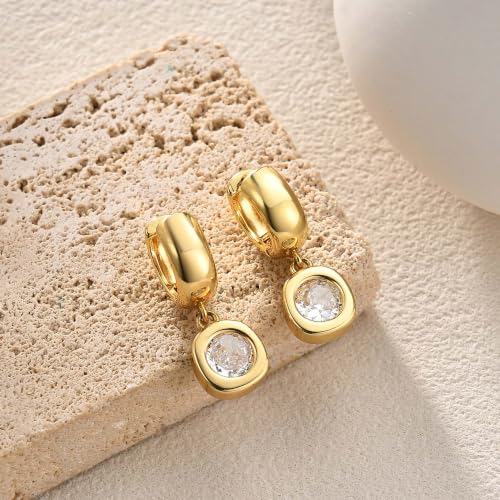Gold Chunky Dangle Earrings for Women, Bezel Set Cubic Zirconia Charm | 14K Gold Silver Plated, Statement Huggie Hoops Drop Earrings, Trendy Jewelry Gifts, High Grade CZ, Hypoallergenic Lightweight - color: GD-Round CZ Hoop