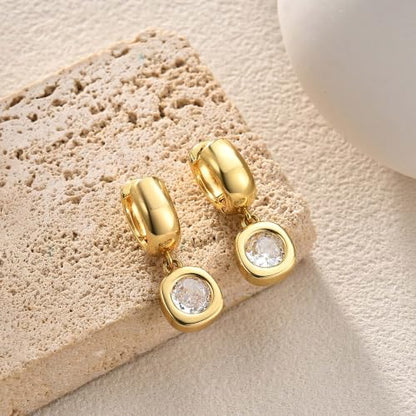 Gold Chunky Dangle Earrings for Women, Bezel Set Cubic Zirconia Charm | 14K Gold Silver Plated, Statement Huggie Hoops Drop Earrings, Trendy Jewelry Gifts, High Grade CZ, Hypoallergenic Lightweight - color: GD-Round CZ Hoop