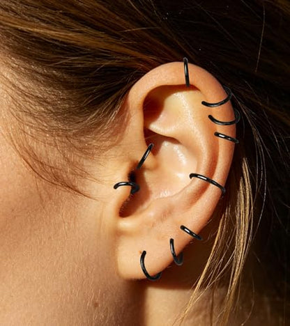 16G 6MM 7MM 8MM 9MM 10MM 12MM Hinged Clicker Septum Rings Pack Surgical Stainless Steel 16 Gauge Nose Ring Daith Rook Tragus Helix Cartilage Conch Hoop Earrings Piercing Jewelry for Women Men - color: Black Tone