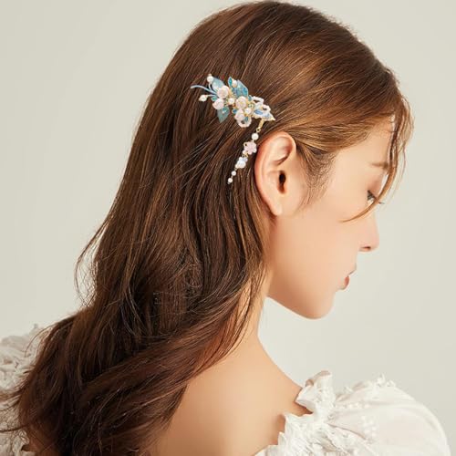 A Pair Wedding Hair Clips, Handmade Floral Design Crystal Hair Clips Pearl Barrettes, Rhinestones Flower Clips Pearl Headpieces Hair Pins Hair Accessories for Women Girls (Blue&White) - color: Blue&White
