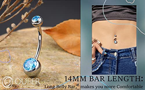 OUFER Titanium Belly Button Rings, Internally Threaded Belly Ring, Round CZ Navel Rings for Women Men - color: Blue, size: 1.6*14MM