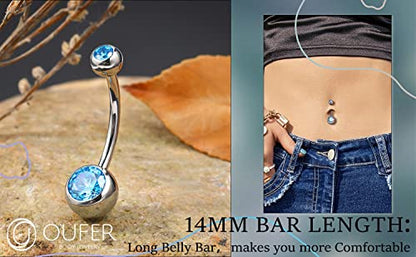 OUFER Titanium Belly Button Rings, Internally Threaded Belly Ring, Round CZ Navel Rings for Women Men - color: Blue, size: 1.6*14MM