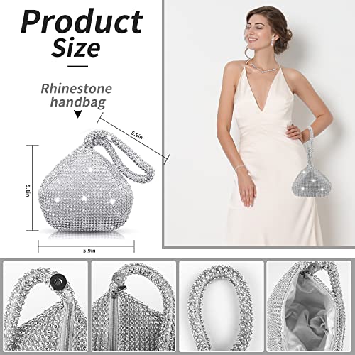 Ditard 4 Pieces Rhinestone Jewelry Set Women Clutch Purse for Prom Sets Wedding Bridal Bracelet Necklace Dangle Ear Clip Crystal Party (Sweet Style), Silver