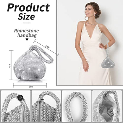 Ditard 4 Pieces Rhinestone Jewelry Set Women Clutch Purse for Prom Sets Wedding Bridal Bracelet Necklace Dangle Ear Clip Crystal Party (Sweet Style), Silver