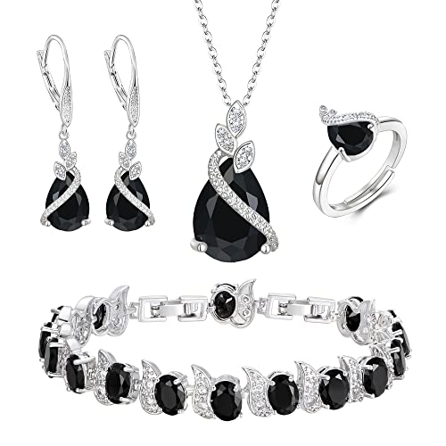 Jewelry Set for Bride, Sparkling Water Drop Cubic Zirconia Crystal Pendant Necklace Leverback Earrings Tennis Bracelet Adjustable Ring Gift for Wedding/Birthday/Mother's Day/Christmas - color: 06-Black Sliver-Tone