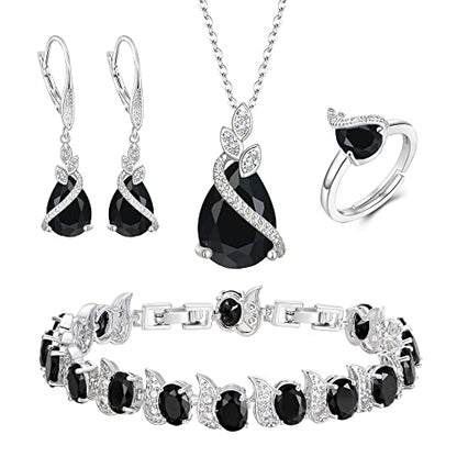 Jewelry Set for Bride, Sparkling Water Drop Cubic Zirconia Crystal Pendant Necklace Leverback Earrings Tennis Bracelet Adjustable Ring Gift for Wedding/Birthday/Mother's Day/Christmas - color: 06-Black Sliver-Tone