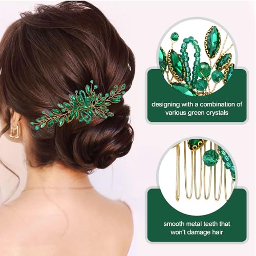 Dizila 7 Pieces Emerald Green Crystal Bead Party Prom Wedding Bridal Vine Leaf Hair Side Combs + Rhinestone U-shaped Hair Pins Headpieces for Brides Bridesmaids Women Girls - color: Emerald Green