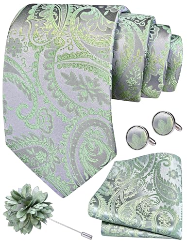 GUSLESON Paisley Tie Set for Men 3.15" Necktie Lapel Pin Hankerchief Cufflinks Set for Men - color: Sage Green