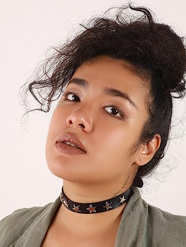 Sacina Gothic Punk Star Necklace, Black PU Leather Choker, Unisex, Zinc, Costume Jewelry, Adjustable 16.1 inches, Halloween New Year Gift
