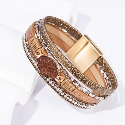 Boho Leather Wrap Bracelets Beaded Stackable Cuff Bracelet Country Concert Outfits Cowboy Cowgirl Western Jewelry Gifts for Women - color: Stone-Brown