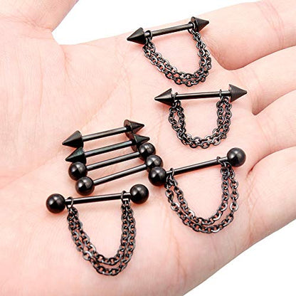 316L Surgical Steel Chain Dangle Nipple Shield Rings 14G Nipplering Barbell Piercing Jewelry for Women Men - color: Black/4Pr