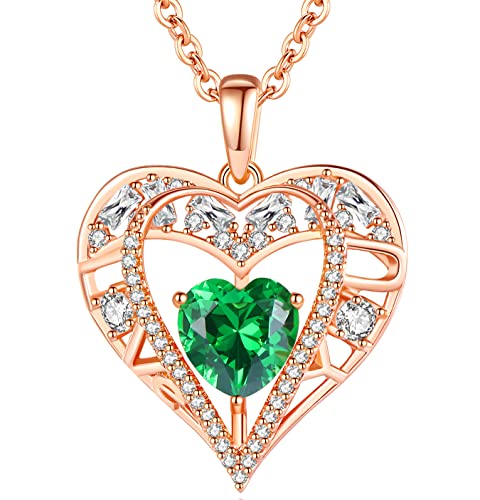 5 Heart I Love You Necklace for Women, Birthstone Crystal Pendant, Birthday Gift for Her, Wife, Mom, Rose Gold or Gunmetal Plated, 925 Sterling Silver Chain 18"+2" - color: 05-May-Emerald Green-Rose Gold Plated