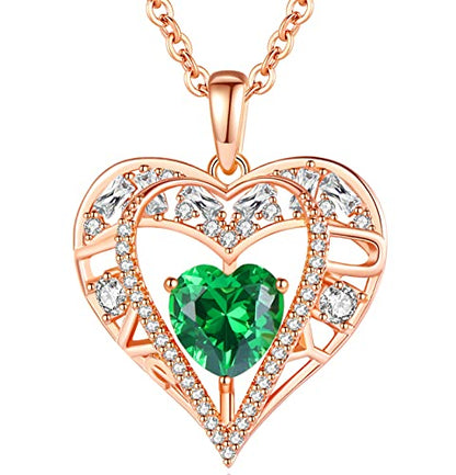 5 Heart I Love You Necklace for Women, Birthstone Crystal Pendant, Birthday Gift for Her, Wife, Mom, Rose Gold or Gunmetal Plated, 925 Sterling Silver Chain 18"+2" - color: 05-May-Emerald Green-Rose Gold Plated