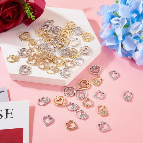 Elecrelive Crystal Heart Charms Rhinestone Heart Pendants Valentine Charms for Necklace Bracelet Earring Wedding Jewelry - color: Gold Silver, 60pcs