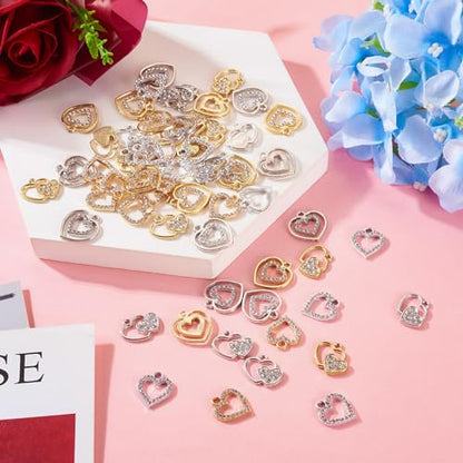 Elecrelive Crystal Heart Charms Rhinestone Heart Pendants Valentine Charms for Necklace Bracelet Earring Wedding Jewelry - color: Gold Silver, 60pcs