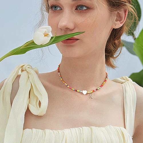 MJartoria Initial Necklaces for Women, Colorful Beaded Necklace, Shell Beach Necklace Letter Choker Handmade Jewelry Gifts - style: N
