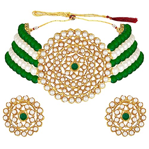 Aheli Pearl Diamond Choker Necklace & Round Earrings Gift for Women Indian Traditional Bollywood Fashion Bharatanatyam jewellery set - color: Green & White