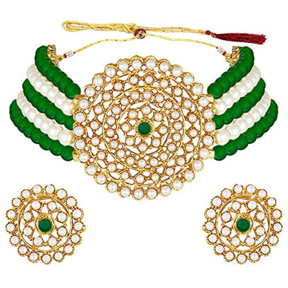 Aheli Pearl Diamond Choker Necklace & Round Earrings Gift for Women Indian Traditional Bollywood Fashion Bharatanatyam jewellery set - color: Green & White