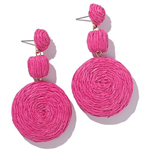 Statement Raffia Boho Round Dangle Ball Earrings - Cute Handmade Summer Bohemian Dangling Jewelry for Women - color: Rose