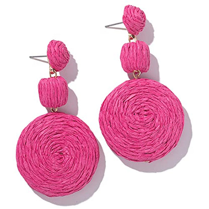 Statement Raffia Boho Round Dangle Ball Earrings - Cute Handmade Summer Bohemian Dangling Jewelry for Women - color: Rose