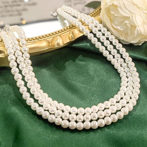 Zeffy Pearl Necklace 4MM/6MM/8MM Dainty Round Imitation Pearl Choker Necklace Wedding Pearl Necklace Delicate Jewelry for Women Simple Bridesmaid Jewelry Gifts - style: 6mm Three-layer Pearl Choker(13.7"+2)