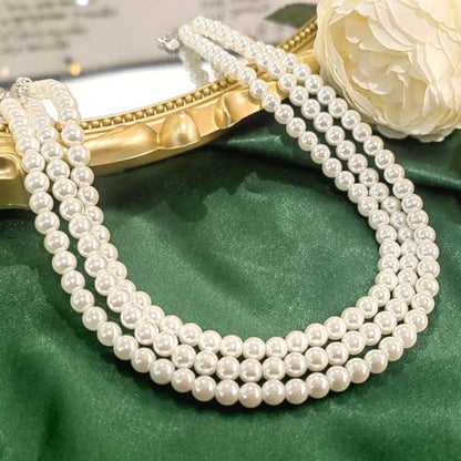 Zeffy Pearl Necklace 4MM/6MM/8MM Dainty Round Imitation Pearl Choker Necklace Wedding Pearl Necklace Delicate Jewelry for Women Simple Bridesmaid Jewelry Gifts - style: 6mm Three-layer Pearl Choke(16"+2)