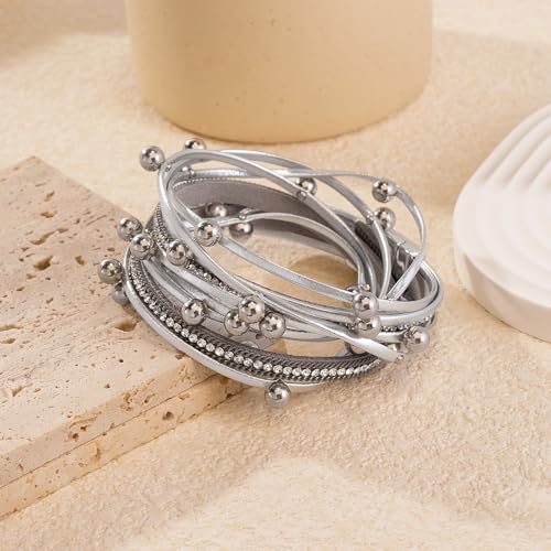 Wrapped Bracelets for Women,Leather Boho Bracelets for Women - color: Doubleloop-Silver