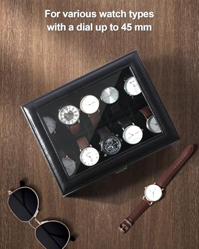 Uten Watch Box 10 Slots for Men, Leather, Large Glass Lid Black | Watch Jewelry Display Case, Fit Watch Size up to 48mm, Removable Pillows, Metal Clasp, Velvety Inner Lining, Gifts - color: Black, size: 10 Slots