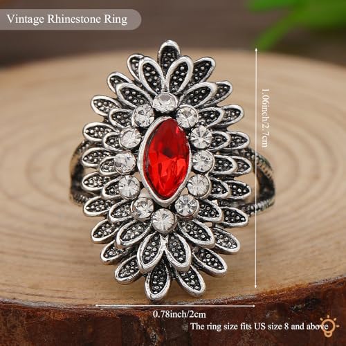 Boho Retro Rhinestone Ring Ethnic Big Flower Crystal Finger Ring Trendy Statement Tribal Indian Dance Costume Ring Jewelry for Women - color: Silver-red