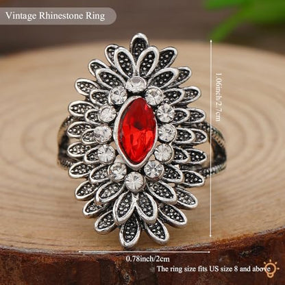 Boho Retro Rhinestone Ring Ethnic Big Flower Crystal Finger Ring Trendy Statement Tribal Indian Dance Costume Ring Jewelry for Women - color: Silver-red