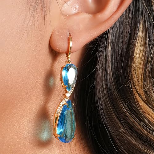 18K Gold Plated Flower Dangle Earrings for Women, Hypoallergenic Cubic Zirconia Earrings, Elegant CZ Drop Earrings, Statement Jewelry Gifts Party Fashion - style: OBS7507-Blue