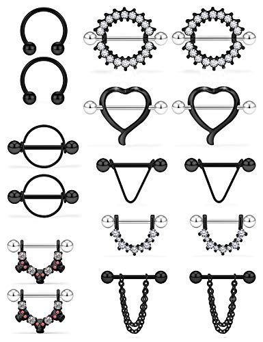 SCERRING 14G Nipple Rings Stainless Steel Nipplerings CZ Heart Tongue Shield Barbell Rings Retainer Body Piercing Jewelry for Women 9/16Inch 8 Pairs - color: 8 Pairs - Black