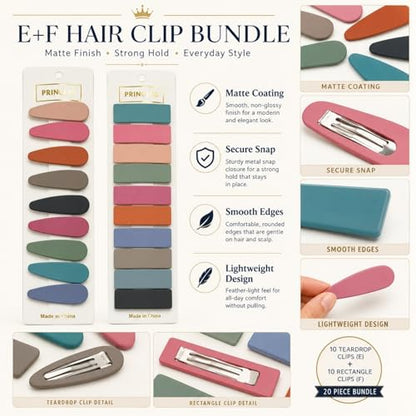Bphne 20 Pcs Matte Non-Slip Snap Hair Clips for Women, Solid Teardrop & Rectangle Barrettes, Small Metal Pins for Thin Fine Hair, No Crease Lightweight for Everyday Makeup - color: Solid