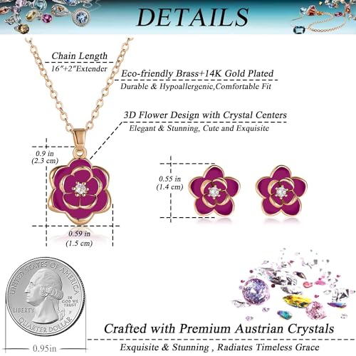 EVEVIC Dainty Flower Pendant Necklace Earrings for Women 14K Gold Plated Hypoallergenic Jewelry Sets - color: Purple /Rose Gold-tone