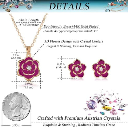 EVEVIC Dainty Flower Pendant Necklace Earrings for Women 14K Gold Plated Hypoallergenic Jewelry Sets - color: Purple /Rose Gold-tone